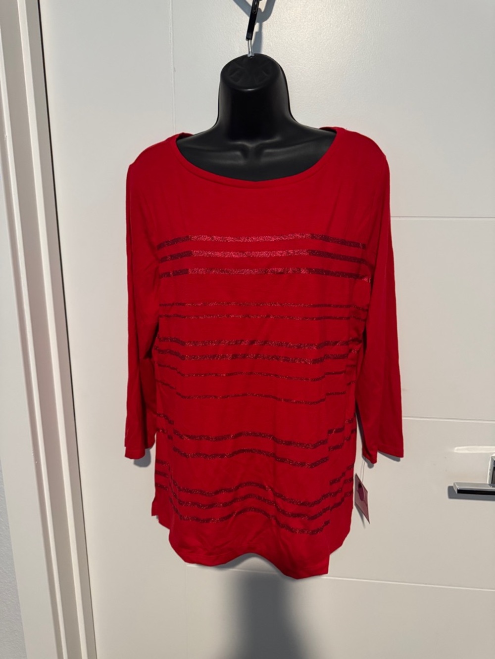 Liz Claiborne Red Long Sleeve Top with Black Sparkle Stripes